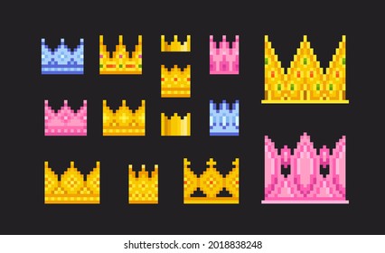 Pixel art 8 bit crown isolated vector set. Cartoon style illustration of golden, pink, blue crown pixel icons. Isolated on black