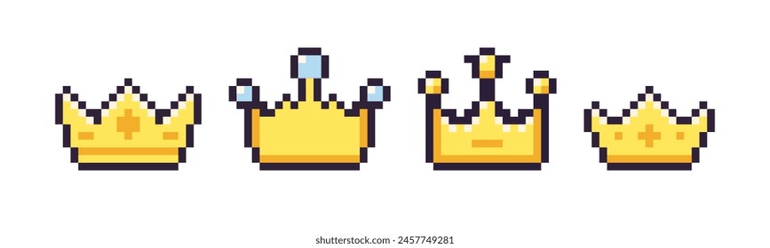 Pixel art 8 bit crown isolated vector set. Cartoon style illustration of golden crown pixel icons. Isolated on white