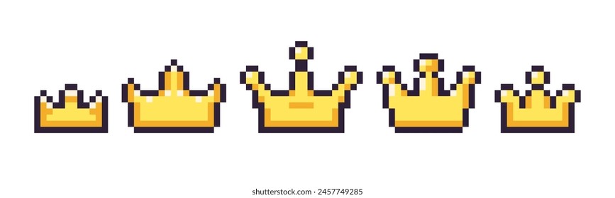 Pixel art 8 bit crown isolated vector set. Cartoon style illustration of golden crown pixel icons. Isolated on white