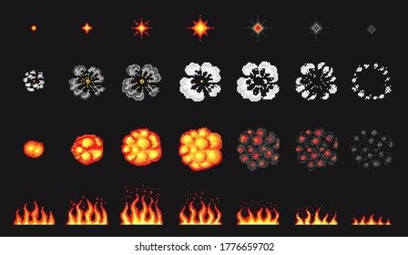 Pixel art 8 bit fire objects. Nuclear explosion. Game icons set. Comic boom flame effects. Bang burst explode flash dynamite with smoke. Digital icons. Animation Process steps.