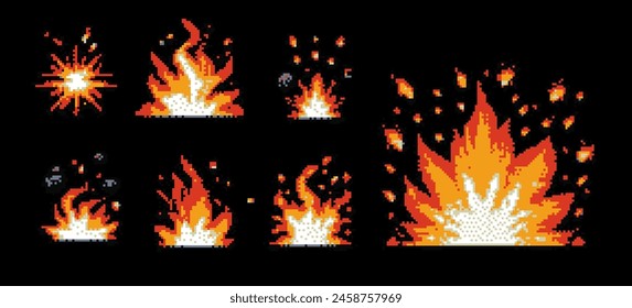 Pixel art 8 bit fire flames and explosion flashes , isolated on black background. Set with cartoon burst animation for retro video game design.