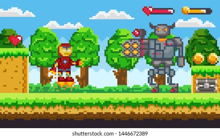Pixel art 8 bit game ranger or robot and minotaur fighting. Old retro computer game or arcade characters, warriors, monsters with firearms vector. Platformer video-game. Pixelated app gemes
