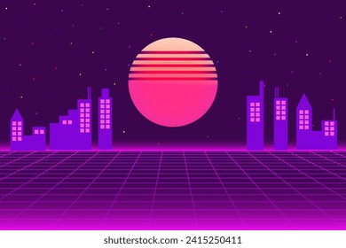 pixel art .8 bit game. retro game. for game assets in vector illustrations. Retro Futurism Sci-Fi Background. glowing neon grid and star from vintage arcade computer games