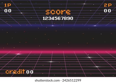 pixel art .8 bit game. retro game. for game assets .Retro Futurism Sci-Fi Background. glowing neon grid. and stars from vintage arcade computer games