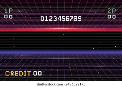 .pixel art .8 bit game. retro game.Retro Futurism Sci-Fi Background. glowing neon grid. and stars from vintage arcade computer games