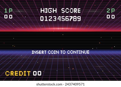 pixel art .8 bit game. retro game. for game assets .Retro Futurism Sci-Fi Background. glowing neon grid. and stars from vintage arcade computer games