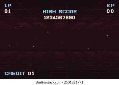Pixel art .8 bit game. retro game. for game assets .Retro Futurism Sci-Fi Background. glowing neon grid. and stars from vintage arcade computer games