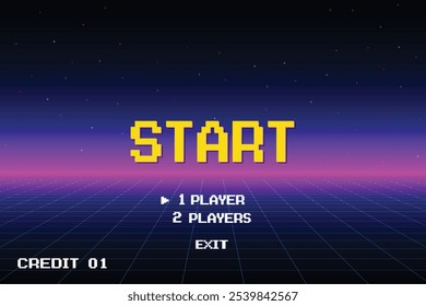 Pixel art .8 bit game. retro game. for game assets .Retro Futurism Sci-Fi Background. glowing neon grid. and stars from vintage arcade computer games