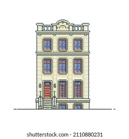 Pixel art, 8 bit graphics. House in a traditional European style, townhouse. English building. Concept for an arcade video game. Vector illustration, front view. White isolated background.