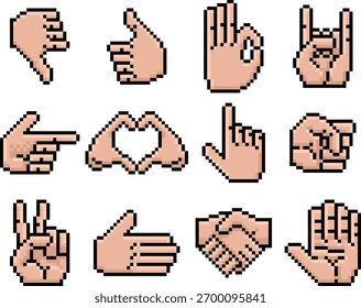 Pixel art 8 bit hand icon set. Manos en gestos expresivos como la paz, OK, punto, rock on, y apretón de manos. Estilo vintage retro, ideal para interfaz de usuario, juegos, etc.