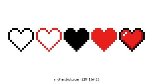 Pixel art 8 bit heart sign. Health sign in games. Vector isolated background