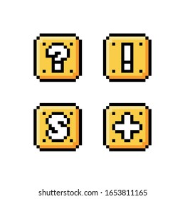 Pixel art 8 bit icon set - yellow golden box with question mark, exclamation mark, letter S and plus sign - isolated vector illustration, game sprite asset