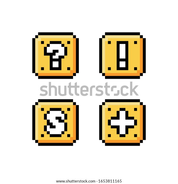 Pixel Art 8 Bit Icon Set Gelbe Goldene Box Mit Fragezeichen Ausrufezeichen Buchstaben S Und Plus