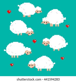 Pixel art 8 bit illustration of cartoon funny cute 6 sheeps with hearts isolated on green background / vector eps 10 / seamless pattern