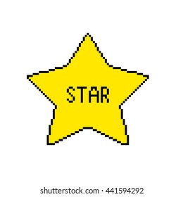 Pixel art 8 bit illustration of cartoon funny yellow star icon with lettering isolated on white background / vector eps 10