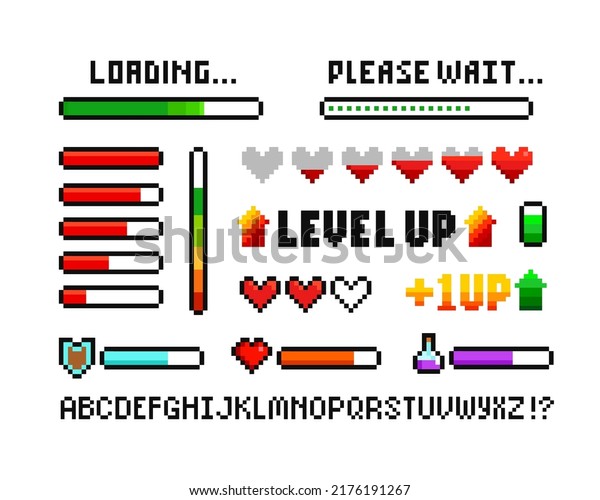 Pixel\
art 8 bit loading progress bar elements set with health scale\
hearts for retro video game design. Level Up sign with health\
loading scale, energy. Arcade video game\
elements\

