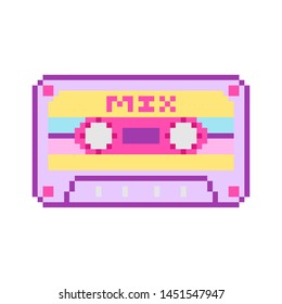 Pixel art 8 bit object cartoon cassette. Pink fashion digital game. Pastel icons girly sticker. Vintage assets.