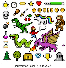 Pixel art 8 bit objects. Retro game assets. Set of icons. vintage computer video arcades. characters dinosaur pony rainbow unicorn snake dragon monkey and coins, Winner's trophy. vector illustration.