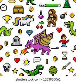 Pixel art 8 bit objects Seamless pattern. Retro game assets. Set of icons. vintage computer video arcades. characters dinosaur pony rainbow unicorn snake dragon monkey and coins, Winner's trophy.