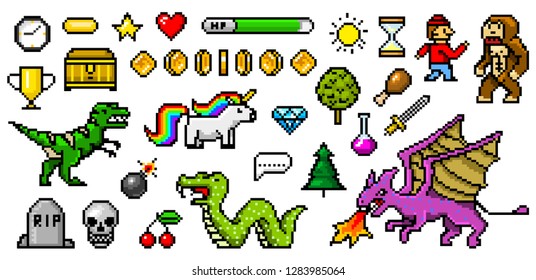 Pixel art 8 bit objects. Retro game assets. Set of icons. vintage computer video arcades. characters dinosaur pony rainbow unicorn snake dragon monkey and coins, Winner's trophy. vector illustration.