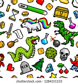 Pixel art 8 bit objects Seamless pattern. Retro game assets. Set of icons. Vintage computer video arcades. Characters dinosaur pony rainbow unicorn snake dragon monkey and coins, Winner's trophy.