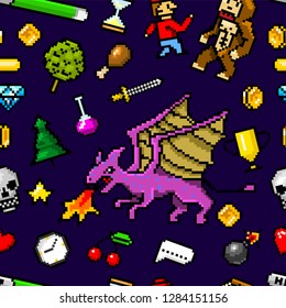 Pixel art 8 bit objects Seamless pattern. Retro game assets. Set of icons. Vintage computer video arcades. Characters dinosaur pony rainbow unicorn snake dragon monkey and coins, Winner's trophy.