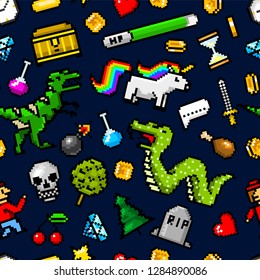 Pixel art 8 bit objects Seamless pattern. Retro game assets. Set of icons. Vintage computer video arcades. Characters dinosaur pony rainbow unicorn snake dragon monkey and coins, Winner's trophy.