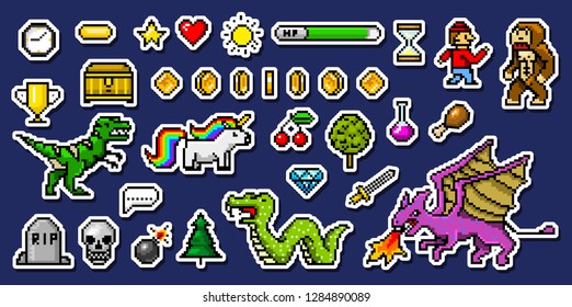Pixel art 8 bit objects. Retro game assets. Set of icons. vintage computer video arcades. characters dinosaur pony rainbow unicorn snake dragon monkey and coins, Winner's trophy. vector illustration.
