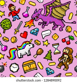 Pixel art 8 bit objects Seamless pattern. Retro game assets. Set of icons. Vintage computer video arcades. Characters dinosaur pony rainbow unicorn snake dragon monkey and coins, Winner's trophy.