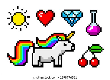 Pixel art 8 bit objects. Character unicorn and trophy. Retro game assets. Set of icons. vintage computer video arcades. vector illustration.