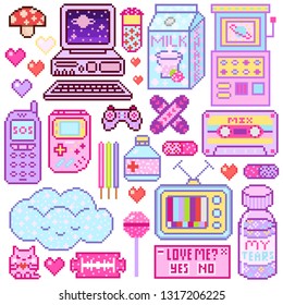 Objetos Pixel art 8 bits. Juego digital de moda rosa. Consoles Computadora, arcadas de video, cassette de caricaturas, leche crema, nostalgia en la nube, paquete de jugo. Conjunto de iconos pastel, pegatinas onduladas. Activos antiguos.