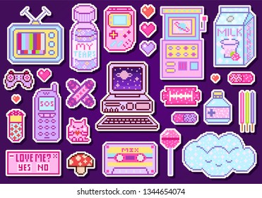 Pixel art 8 bit objects. Pink fashion digital game. Consoles Computer, Video arcades, cartoon cassette, Cream Milk, Cloud nostalgia, juice package. Set of pastel icons, girly stickers. Vintage assets.