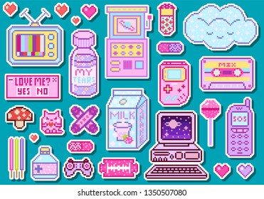 Pixel art 8 bit objects. Pink fashion digital game. Consoles Computer, Video arcades, cartoon cassette, Cream Milk, Cloud nostalgia, juice package. Set of pastel icons, girly stickers. Vintage assets.