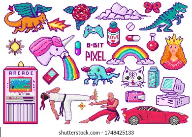 Pixel art 8 bit objects. Retro digital game assets. Set of Pink fashion icons. Vintage girly stickers. Arcades Computer video. Characters dinosaur pony rainbow unicorn dragon. Japanese Karate and car.