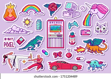 Pixel art 8 bit objects. Retro digital game assets. Set of Pink fashion icons. Vintage girly stickers. Arcades Computer video. Characters dinosaur pony rainbow unicorn dragon. Japanese Karate and car.