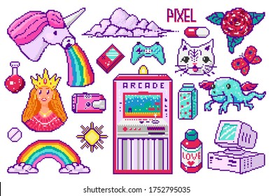 Pixel art 8 bit objects. Retro digital game assets. Set of Pink fashion icons. Vintage girly stickers. Arcades Computer video. Characters dinosaur pony rainbow unicorn dragon.