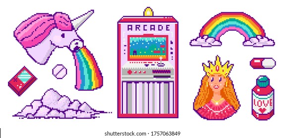 Pixel art 8 bit objects. Character Pony Cloud Rainbow Unicorn Princess. Retro digital game assets. Pink fashion icons. Vintage girly stickers. Arcades Computer video. 