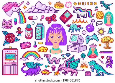 Pixel art 8 bit objects. Retro digital game assets. Set of Pink fashion icons. Vintage stickers for girl. Arcades Computer video and characters. Pony rainbow unicorn dragon. Vector illustration.