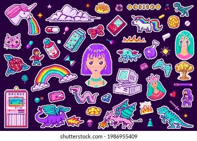 Pixel art 8 bit objects. Retro digital game assets. Set of Pink fashion icons. Vintage stickers for girl. Arcades Computer video and characters. Pony rainbow unicorn dragon. Vector illustration.