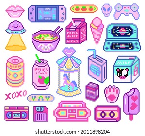 Pixel art 8 bit objects. Retro digital game assets. Set of Pink fashion icons. Vintage girly stickers. Arcade Computer video. Characters dinosaur pony rainbow.