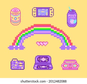 Pixel art 8 bit objects. Retro digital game assets. Set of Pink fashion icons. Vintage girly stickers. Arcade Computer video. Characters dinosaur pony rainbow.