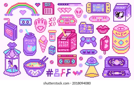 Pixel art 8 bit objects. Retro digital game assets. Set of Pink fashion icons. Vintage girly stickers. Arcade Computer video. Characters dinosaur pony rainbow.