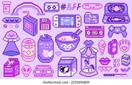 Pixel art 8 bit objects. Retro digital game assets. Set of Pink fashion icons. Vintage girly stickers. Arcade Computer video. Characters dinosaur pony rainbow.