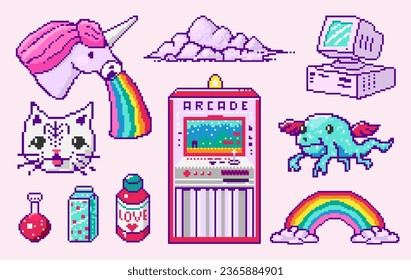 Pixel art 8 bit objects. Character Pony Cloud Rainbow Unicorn. Retro digital game assets. Pink fashion icons. Vintage girly stickers. Arcades Computer video. 