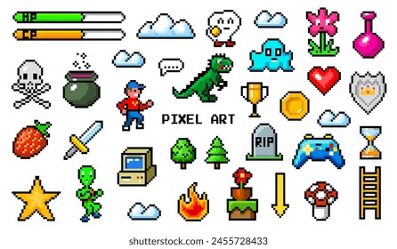 Pixel art 8 bit objects. Retro game assets. Set of icons. Vintage computer video arcades. Characters and coins, Winner's trophy. Vector illustration.