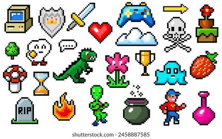 Pixel art 8 bit objects. Retro game assets. Set of icons. Vintage computer video arcades. Characters and coins, Winner's trophy. Vector illustration.