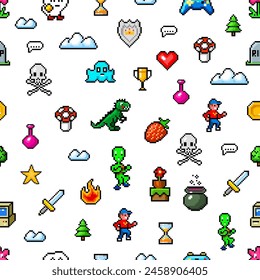 Pixel art 8 bit objects. Seamless pattern. Retro game assets. Set of icons. Vintage computer video arcades. Characters and coins, Winner's trophy. Vector illustration.