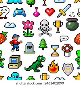 Pixel art 8 bit objects. Seamless pattern. Retro game assets. Set of icons. Vintage computer video arcades. Characters and coins, Winner's trophy. Vector illustration.