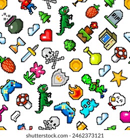 Pixel art 8 bit objects. Seamless pattern. Retro game assets. Set of icons. Vintage computer video arcades. Characters and coins, Winner's trophy. Vector illustration.