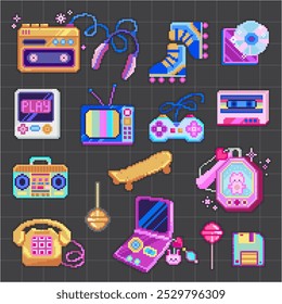 Pixel Art Objetos de 8 bits, juego digital retro conjunto de iconos. Activos de juego digital de computadora arcade de los años 90. Jugador del casete, patines de rodillo, consola de juego, TV, boombox, monopatín. Ilustración vectorial.